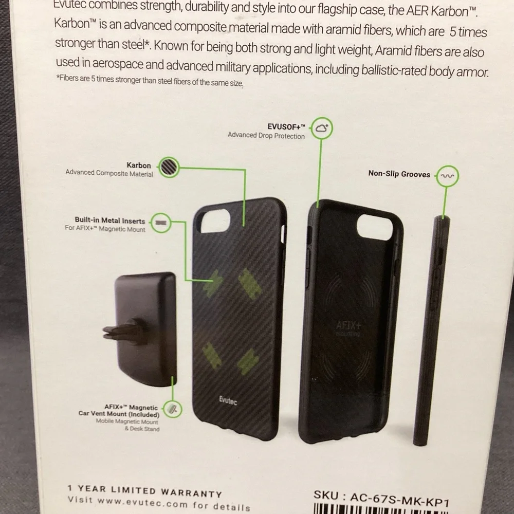 EVUTEC AER SERIES IPHONE 8 PLUS CASE WITH CAR VENT MOUNT COLOR: KARBON BLACK NWT